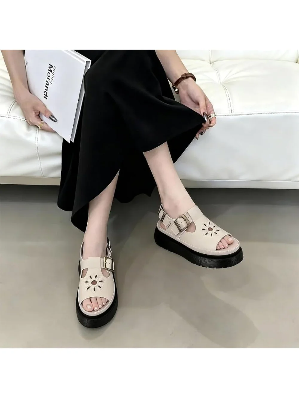 Womens Beige Flat Open Toe Flower Decoration Fisherman Platform Sandal Shoes
